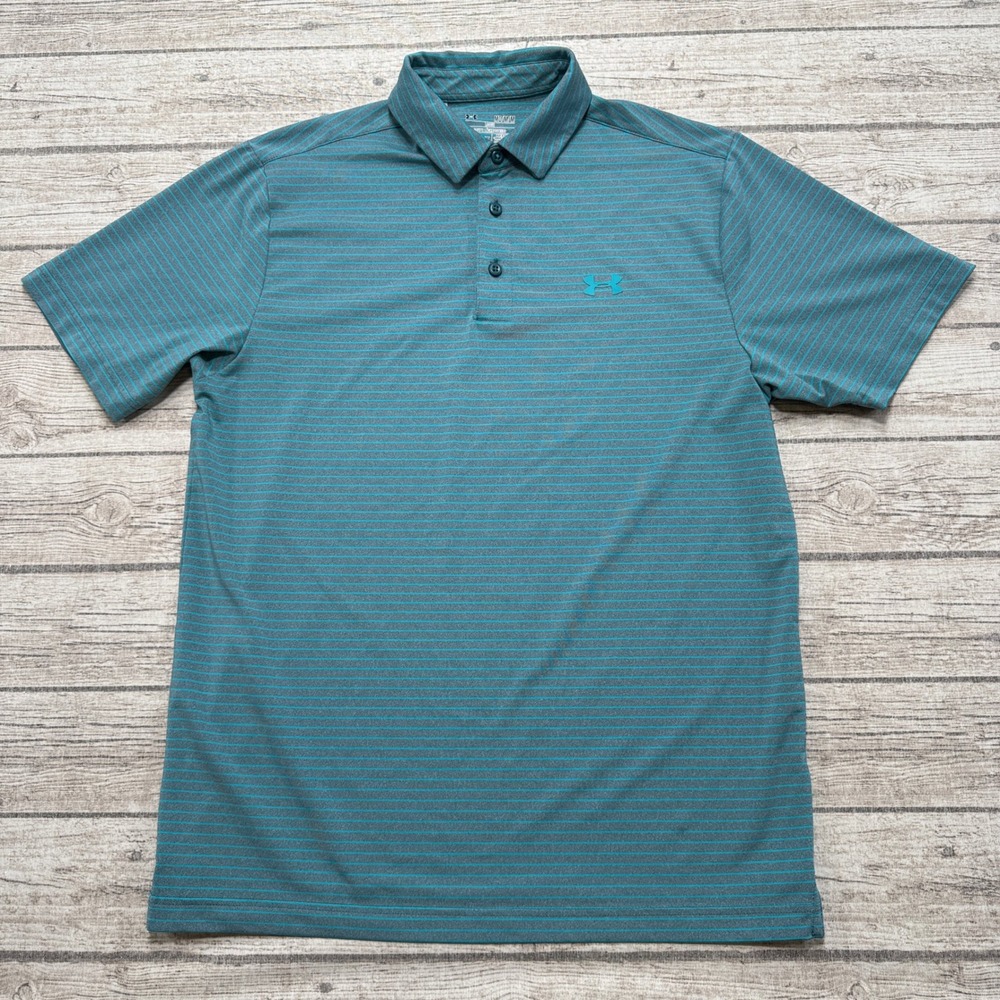 Under Armour Polo Shirt Men's Medium Blue Striped HeatGear Loose Fit Activewear